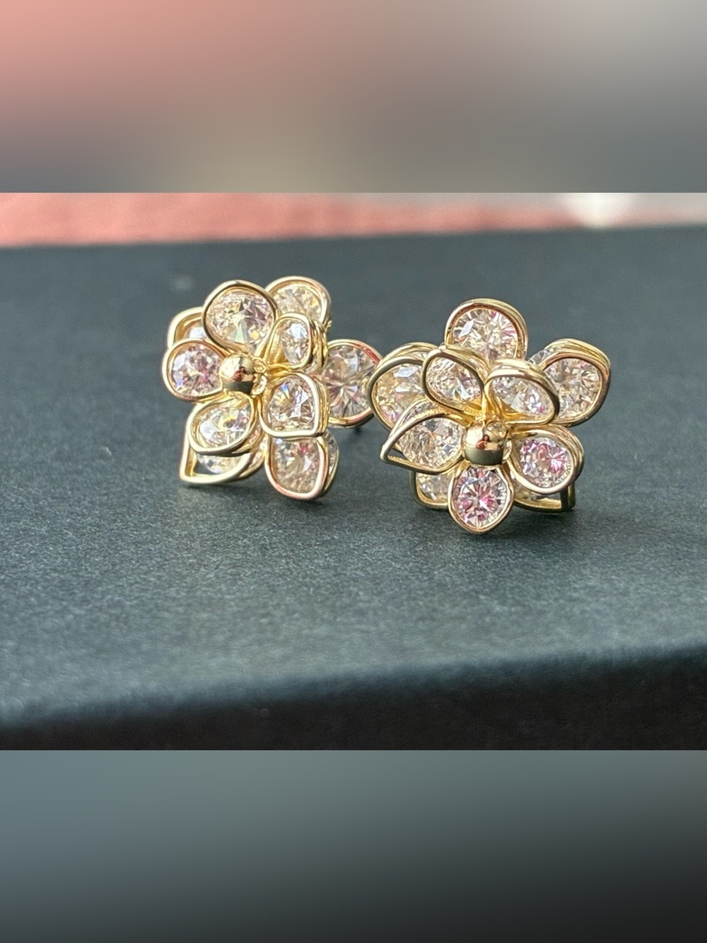 925 Sterling Silver Gold Floral Crystal Earrings